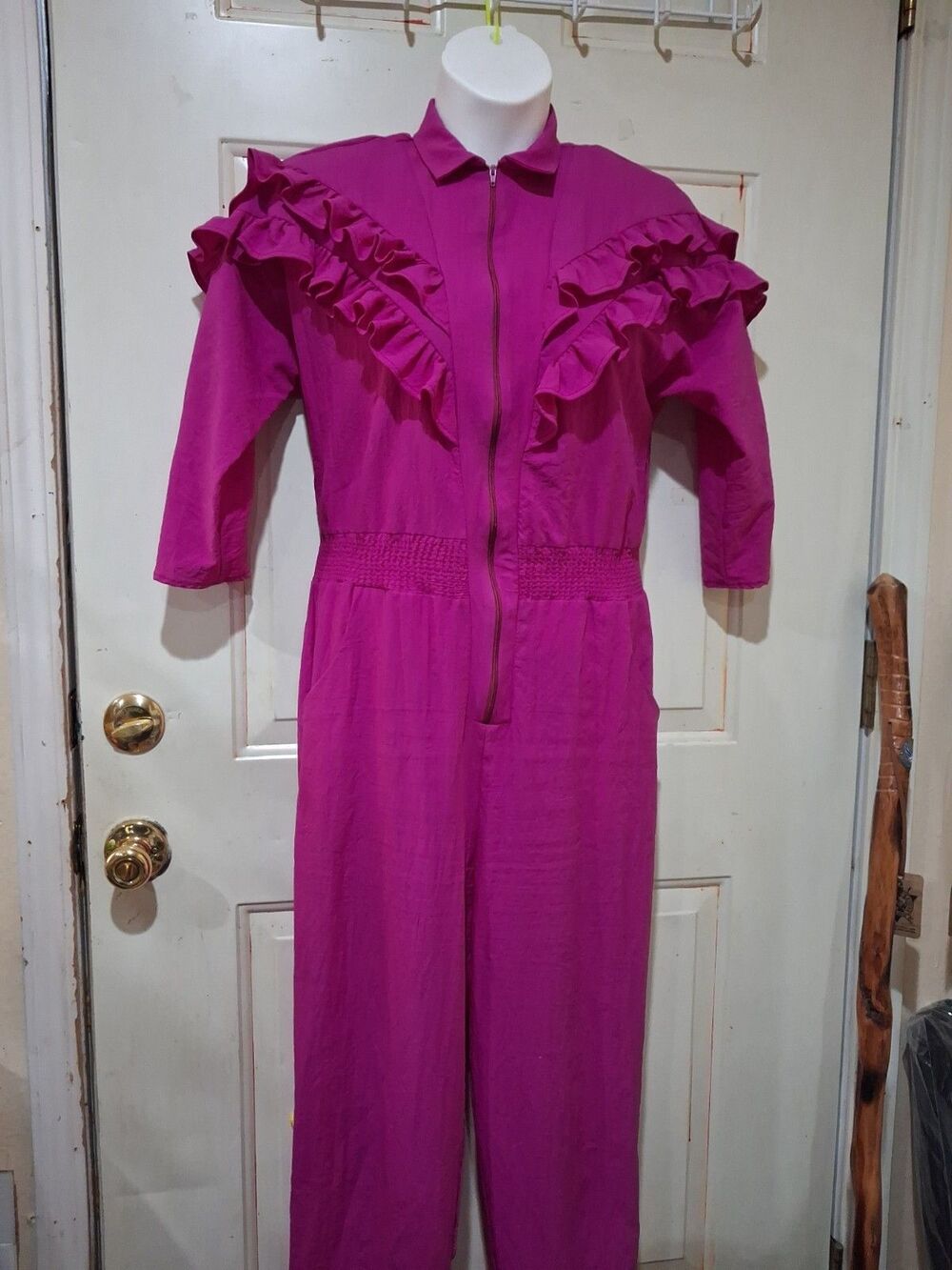 Vintage Women's Jumpsuit, My Kinda Gal, Zip Up Sz L, Magenta, 1980s